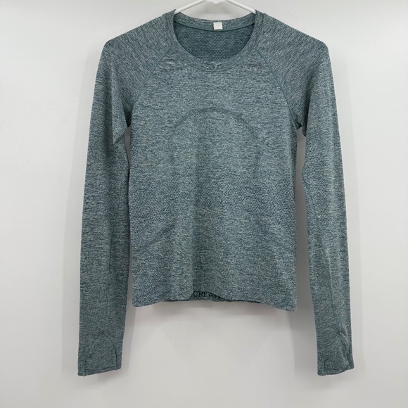 Lululemon Top Women 4 Blue Green Long Sleeve Cropped Workout Stretch Gym Running - Picture 1 of 11